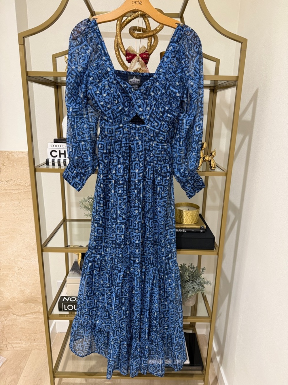 Angie Blue Patterned V-Neck Maxi Dress